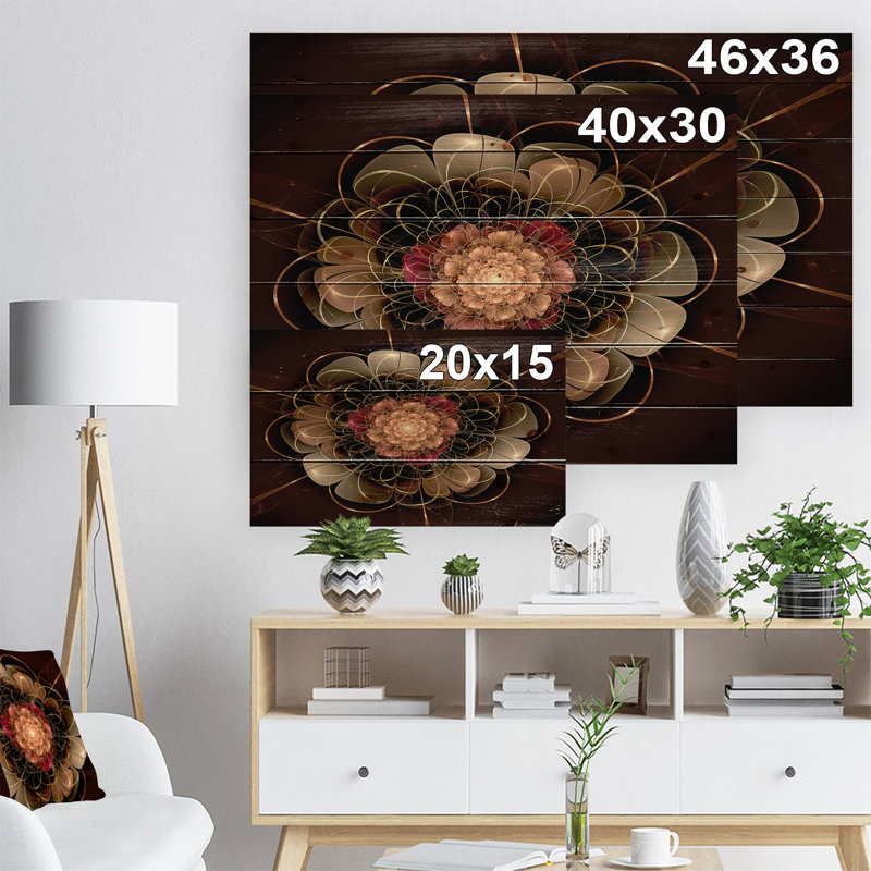 Abstrait, art floral sur toile rouge or fractal - Fractal Bloom, H 30 po x l 40 po x P 1,5 po, Bois