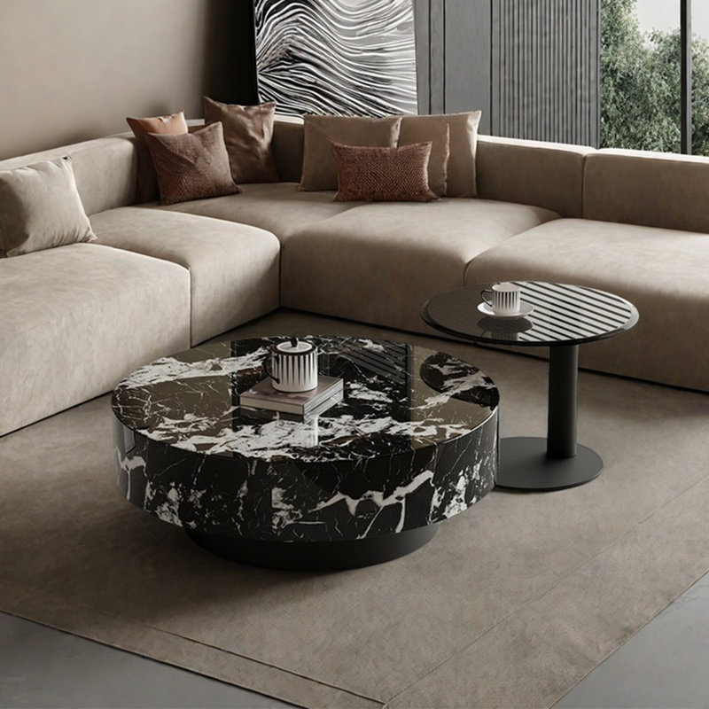 Table basse moderne simple ronde en marbre, Noir, noir, noir, noir, H 13,8 po x L 31,5 po x l 31,5 po