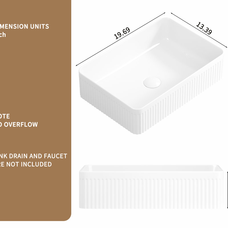Lavabo vasque de salle de bain - Céramique blanche rectangulaire, bol profond, minimisant les éclaboussures, drain efficace, profondeur de 19,73 po, poids de 23,25 lb