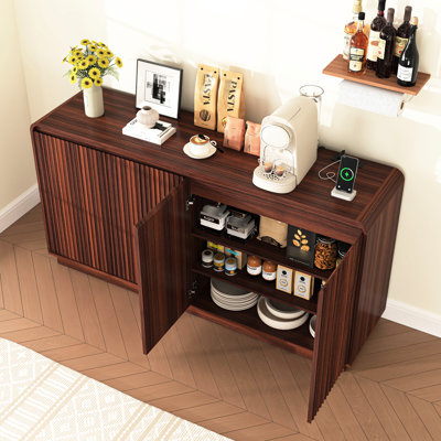 Contemporary 4-Door Fluted Walnut Entertainment Center With Power Outlet And 3 Adjustable Storage For Home Setup Media Display