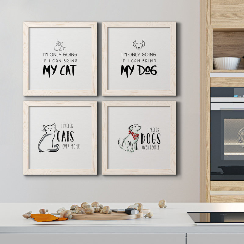 Bring My Cat - ensemble de 4 pièces d'art textuel sur toile, H 17 po x l 34 po x P 1,5 po, Toile avec cadre blanc