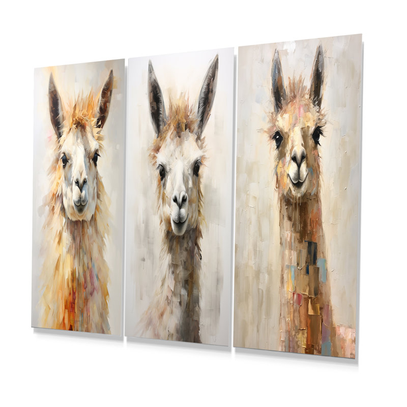 Furry lama - ensemble de 3 reproductions d'art mural en métal lama, H 28 po x l 36 po