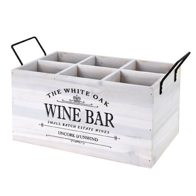 Wine Bar 6-Bottle Wooden Crate with Metal Handles, Rustic Wine Bottle Holder, Divided Carrier and Storage Organizer, White Farmhouse Gift for Hosts, K by Winston Porter