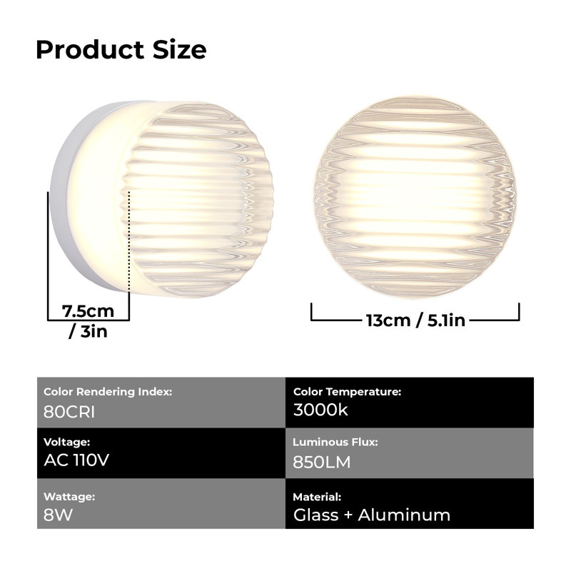 Applique murale ronde minimaliste avec abat-jour en verre rayé, luminaire DEL en aluminium pour salle de bain, table de chevet et couloir - Blanc