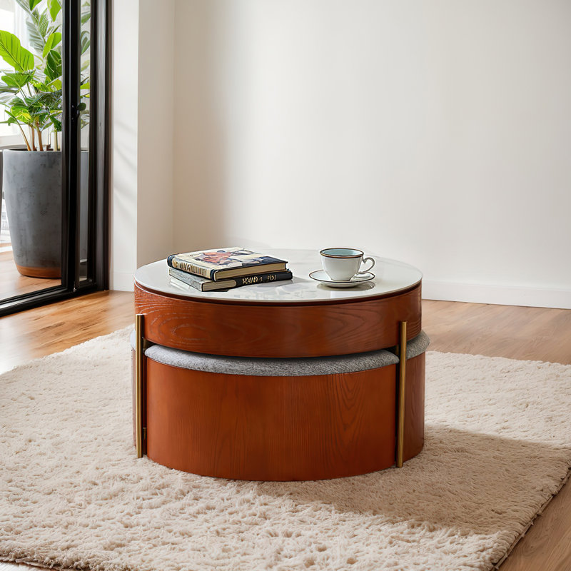 Doughlin Modern Round Lift-Top Coffee Table In White And Natural Wood
