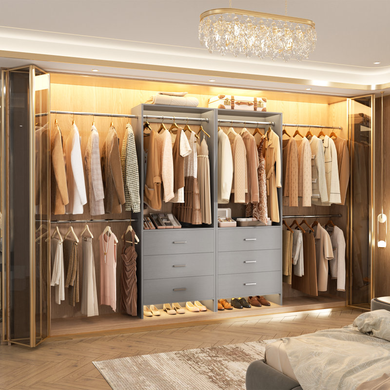 47.4"-119" Closet Organizer With Drawers And 4 Hanging Rods, Gray