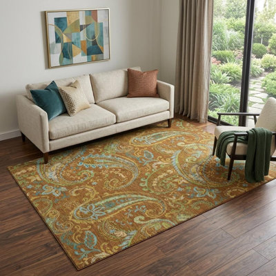 Tapis lavable motif cachemire bleu rouille et vert 5 pi x 8 pi avec protection UV