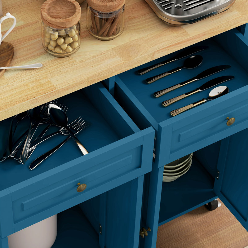 Îlot de cuisine avec roulettes, chariot de cuisine avec plateau en bois d'hévéa, porte-épices, porte-serviettes et tiroirs