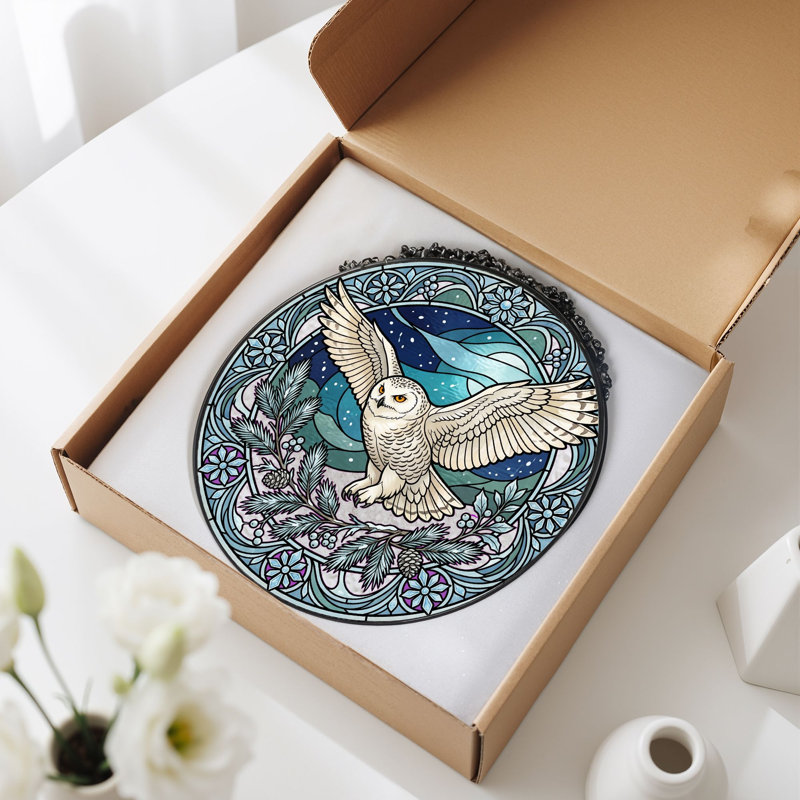 Panneau de vitrail Owl Flight, 7,8 heures, 7.8"H