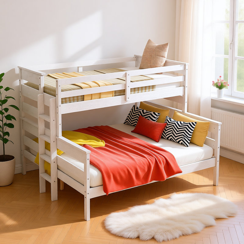 Wood Twin XL over Queen Convertible Bunk Bed with Ladder, Detachable Design, Solid Pine Frame, No Box Spring Required, White