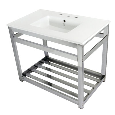Kingston Brass Quadras 37-Inch Ceramic Console Sink with Steel Base and Shelf (8-Inch, 3-Hole)