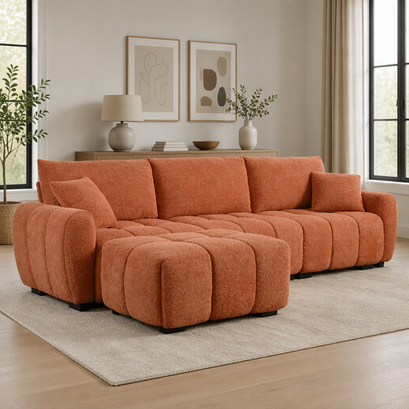 Upholstered L-Shaped Sectional, Boucle orange