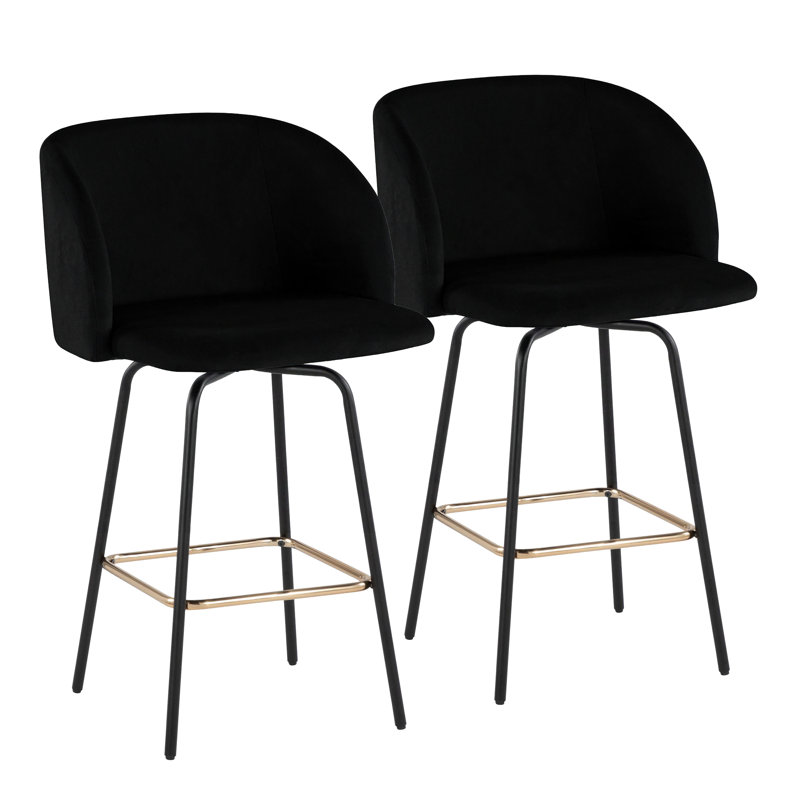 Tabouret de comptoir Terrance à hauteur fixe avec pieds en métal noir et repose-pieds carré doré, Noir