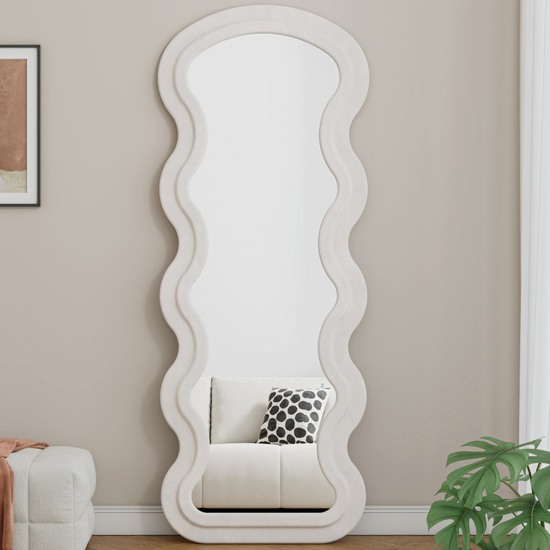 Flannel Full Length Wave Floor Mirror With Stand Hanging Or Against The Wall For Bedroom Living Room, Cream White