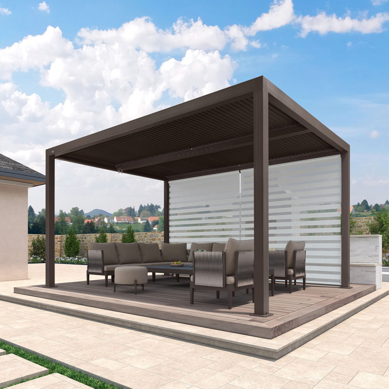 14 Ft. W x 10 Ft. D Aluminum Pergola with Roller Shade, 1 Long Side