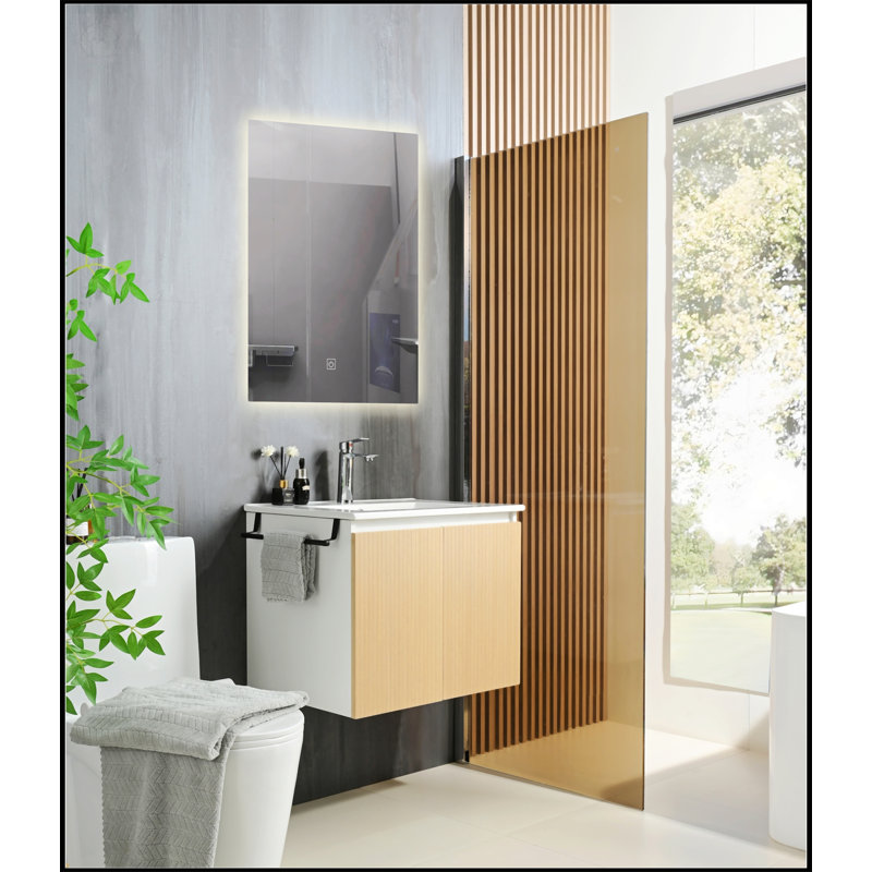 Meuble-lavabo mural avec rangement flottant et porte-serviettes Goodyo, Jaune / Blanc