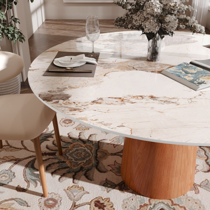 Danner Sintered Stone Top Round Pedestal Farmhouse Kitchen Dining Table, 29.52"H x 53.13"L x 53.13"W, Pandora