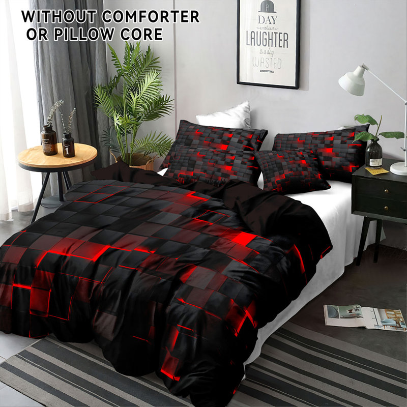 Red And Black Geometric Microfiber Duvet Cover Set With Pillowcases, Digital Print Block Pattern Front With Solid Black Back, Reversible Bedding, Twin, Comforter And Pillow Inserts Not Included