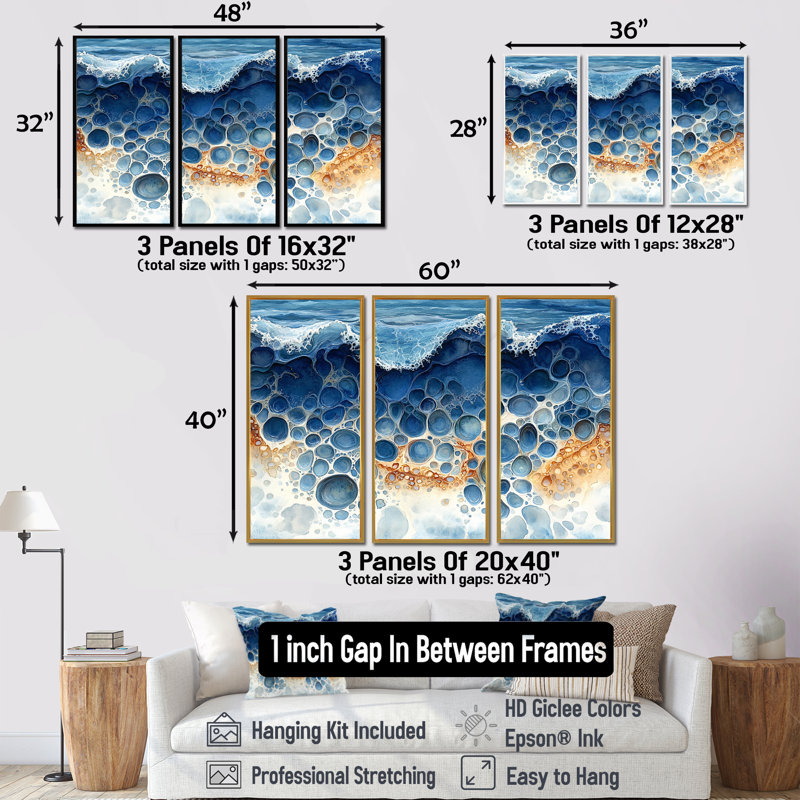 Ensemble de salon Coastal Reef dans des tons bleus et oranges - art mural corail, Toile avec cadre flottant noir