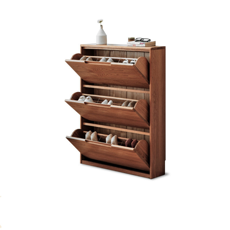 Solid Wood Tipper Shoe Cabinet 12 Pair Solid Wood Shoe Storage Cabinet, Tan, 45.66" H x 33.46" W x 7.87" D
