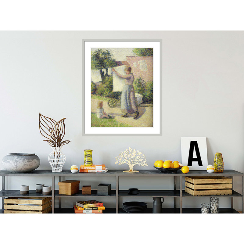 «Woman Hanging up the Washing» par Camille Pissarro - Impression Giclée sur cadre, 40.69" H x 33.5" W