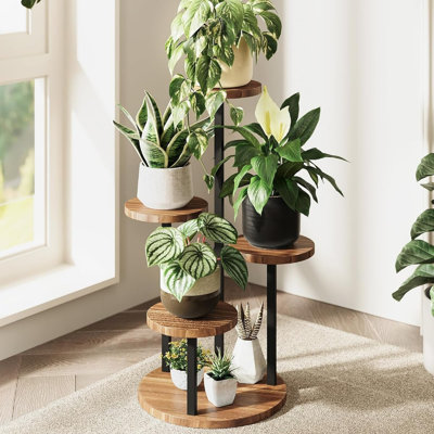 Support pour plante d'angle rond rustique brun à 4 niveaux, structure en métal thermolaqué et support à fleurs imperméable en panneau de particules E1, étagère de présentation d'intérieur rotative pour plante peu encombrante