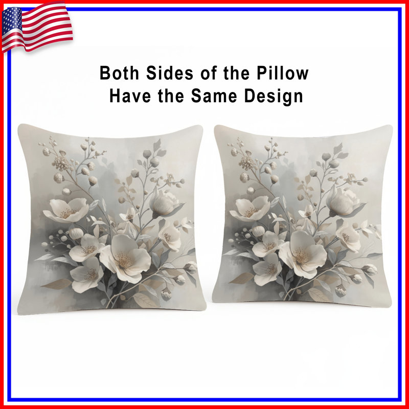 Coussins décoratifs à double face avec fleurs blanches et beiges, 18 x 18 pouces
