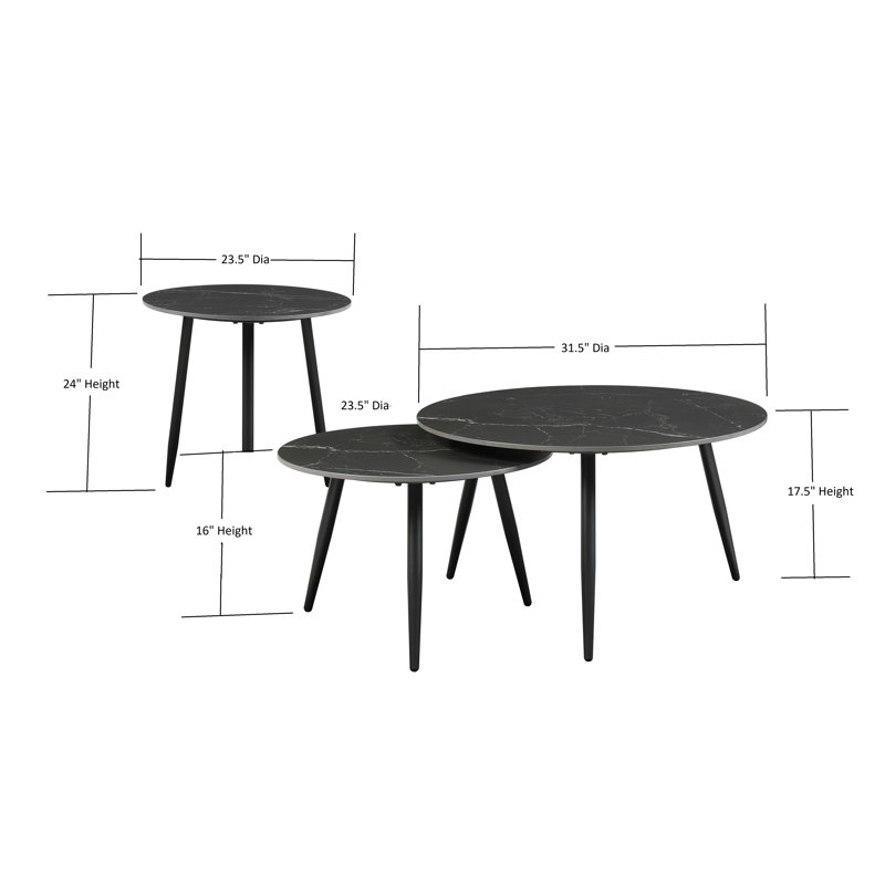 Black Sintered Stone and Metal 3-Piece Nesting Table Set