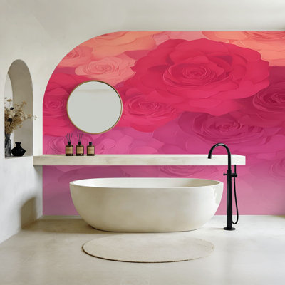 Peel and Stick Wallpaper Soft Pink Red Roses Blooming Gradient Wall Murals 100"H x 144"W Removable PVC Wall Paper Self-Adhesive Wall Decor for Bedroom Living Room Home Office