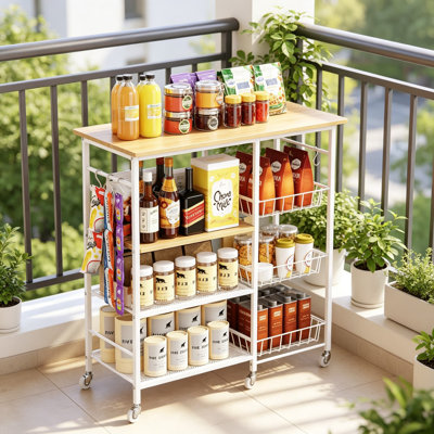 Rolling Kitchen Microwave Cart with Pull-Out Baskets, 4-Tier Microwave Table Stand with Wheels, Heavy-Duty Storage Cart for Kitchen, Living Room, Office, Balcony - White