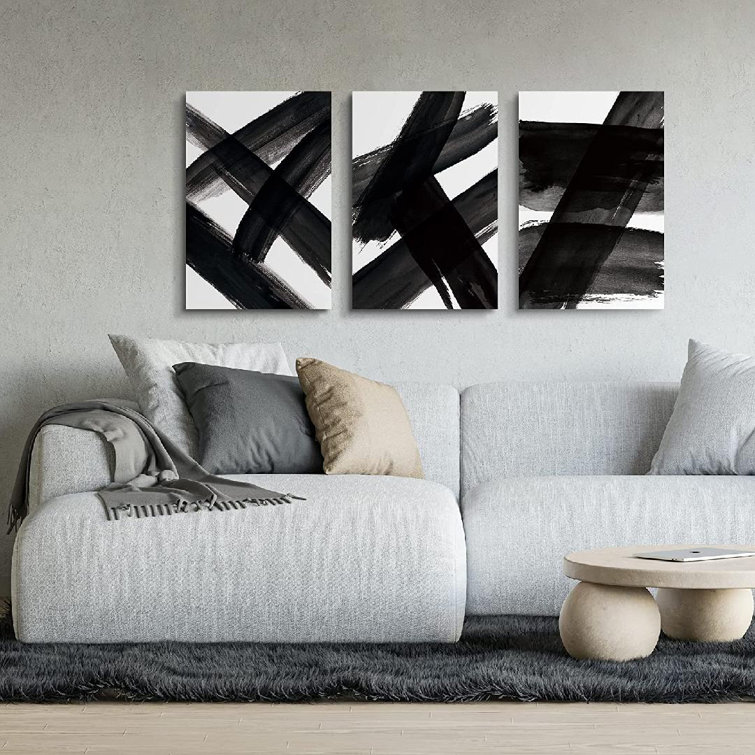 16x24 Black And White Wall Arts Framed Abstract Mi On Canvas 3 Pieces  Painting
