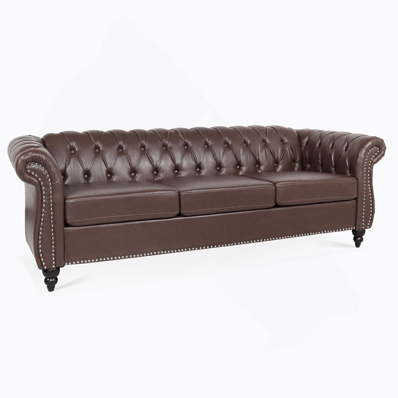 Canapé Chesterfield en polyuréthane à accoudoirs roulés., Brun foncé