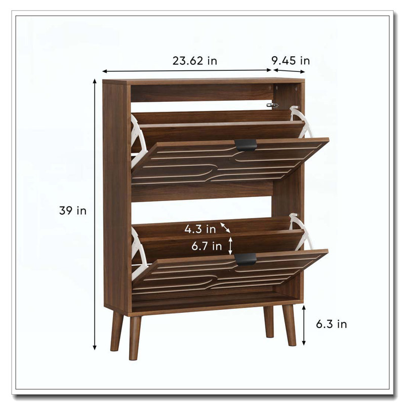 Independent Shoe Cabinet, 23.62-Inch Walnut Shoe Storage Cabinet,, Fence Shoe Cabinet With 2 Flip Drawers