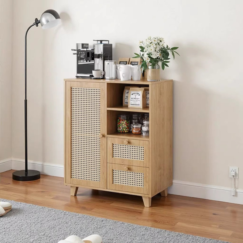 Rattan Buffet Cabinet with Adjustable Shelf & Drawers - Natural Engineered Wood Sideboard for Living Room, Kitchen, Entryway