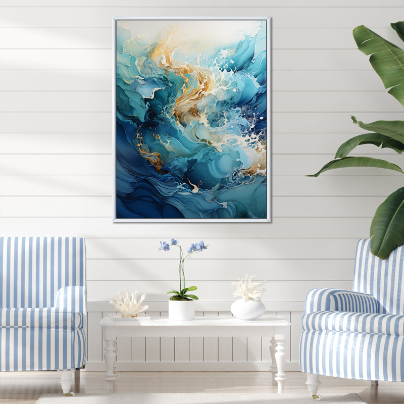 Océan blanc et courants bleus III sur toile, Cadre flottant blanc, H 44 po x l 34 po x P 1,5 po