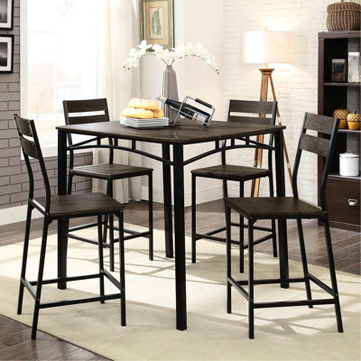 Table de salle à manger à hauteur de comptoir 5 pièces avec table carrée et 4 chaises hautes en brun antique noir, esthétique transitionnelle contemporaine pour un style moderne