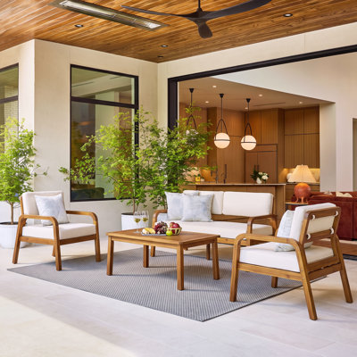 Elzy Outdoor 4-Piece Acacia Wood Conversation Set With Slatted Tabletop & Cushions