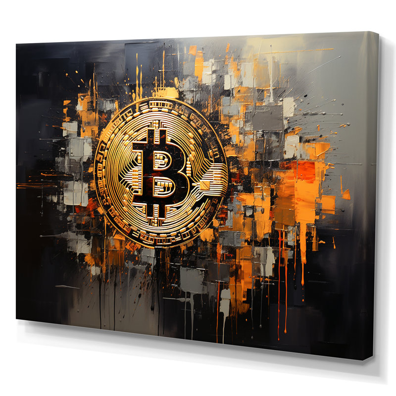 Or et gris - Crypto monnaie - art mural mode, H 40 po x l 30 po x P 1,5 po, Toile tendue