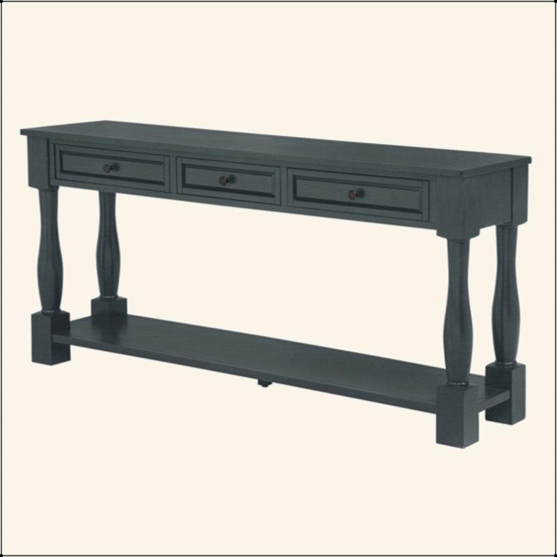 63" Long Console Table With Drawers And Shelf For Entryway, Hallway, Living Room, Acacia Wood Table, Navy