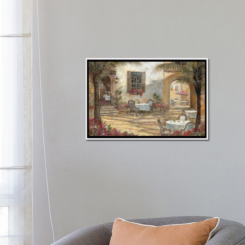 «Courtyard Ambiance» par Ruane Manning - reproduction d'art, H 18 po x l 26 po x P 1,5 po, Toile blanche encadrée, Aucun mat