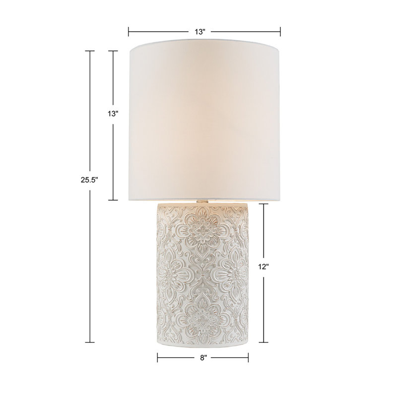 Ivory Floral Embossed Resin Cylinder Table Lamp with 3-Way Switch