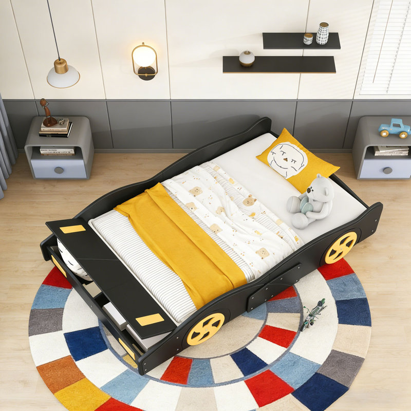 Lit plateforme avec roulettes et rangement Race, Lit double, Noir