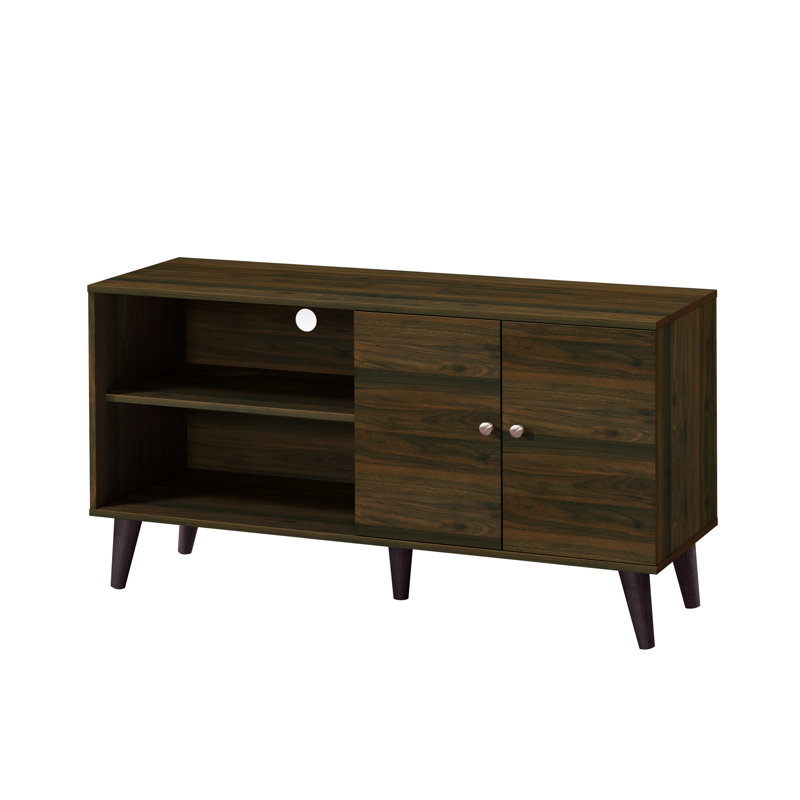 Meuble télé pour téléviseur de 47,3 po ou moins, avec 2 tablettes de rangement et 1 armoire, meuble télé moderne dans le salon en noyer