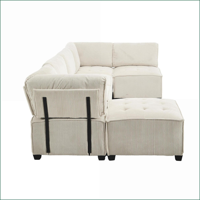 Sectional Sofas 6-Seat Convertible Modular Couch with Reversible Chaise for Living Room | Beige | Corduroy, Beige Corduroy