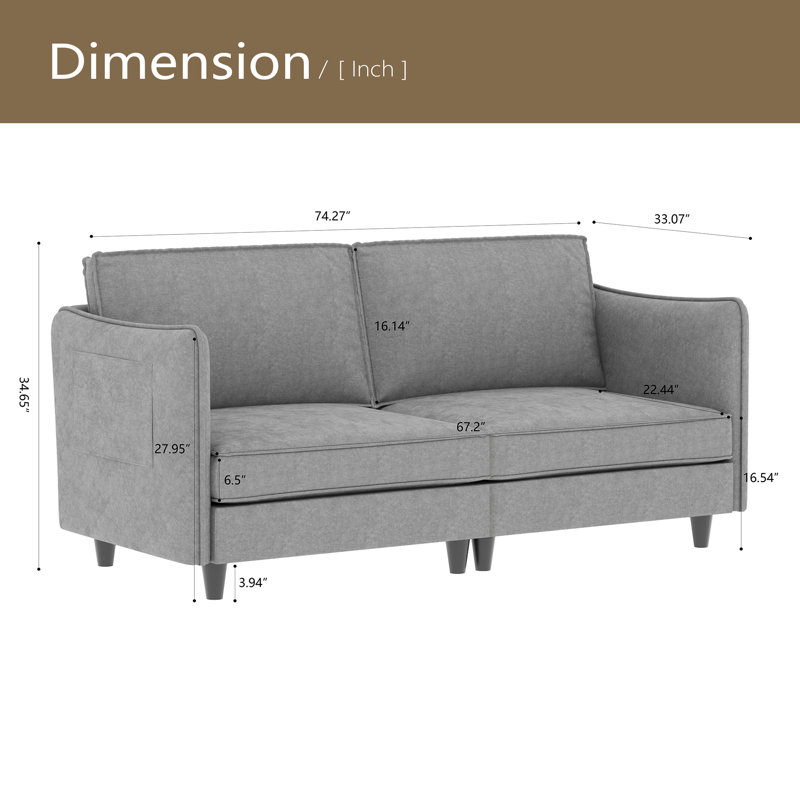 Canapé 74,27 po, canapé confortable 2 places, style Mid-Century moderne conçu pour les petits espaces, Gris