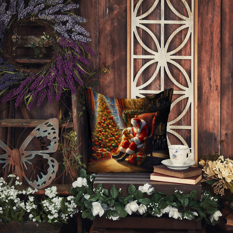 Coussin Golden Retriever and Santa Claus, H 14 po x l 14 po