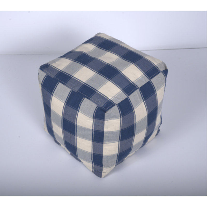 Connor Checkered Square Pouf, Ivory And Navy Blue