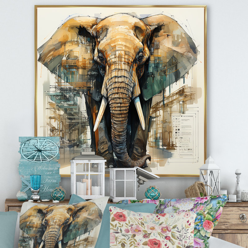 Dessin d’analytique d’un éléphant, Cadre flottant doré, H 24 po x l 24 po x P 1 po