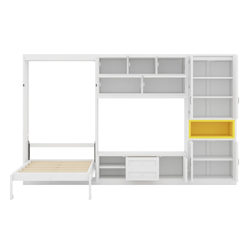 Lit escamotable en bois avec meuble télé, Blanc