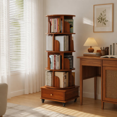 Rotating Bookshelf With Drawer, 360 Display 5 Tier Corner Bookshelf For Small Space, Floor Standing Bookcase Storage Rack, Wood Narrow Book Shelf Organizer For Bedroom (Walnut)